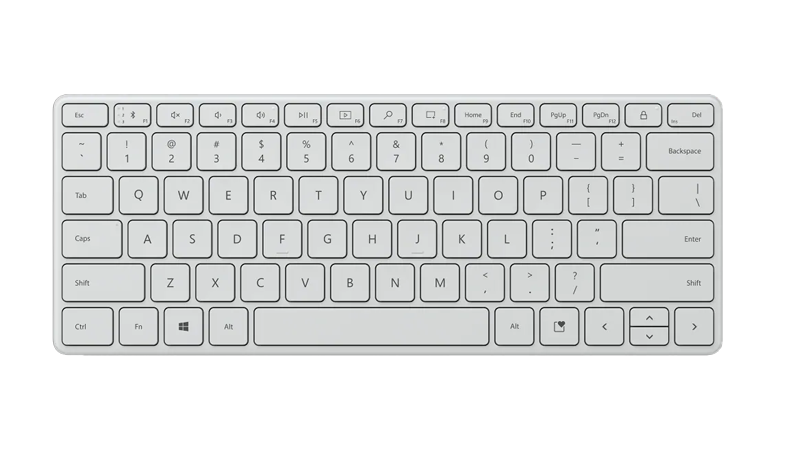 The Microsoft Designer Compact Keyboard in Glacier from above 