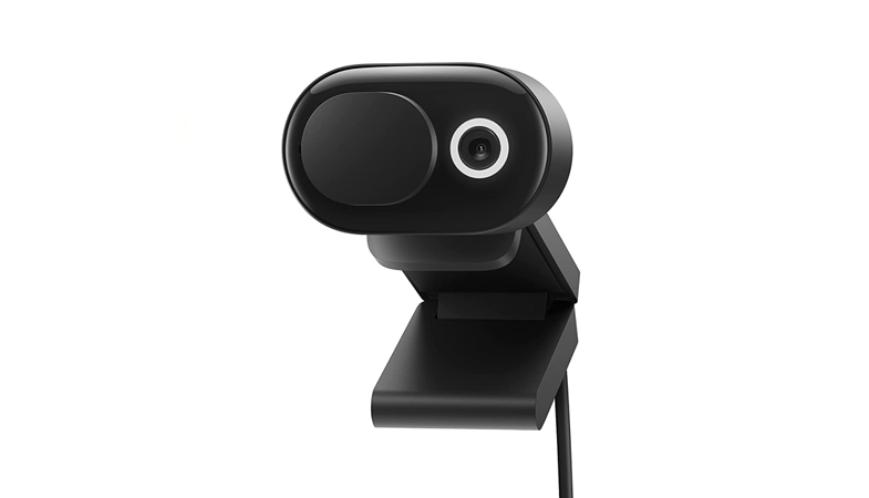 Gesamtansicht der Microsoft Modern Webcam in Schwarz mit Kabel
