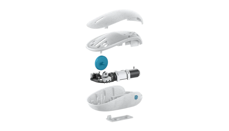 En fotografisk illustration viser opbygningen af Microsot Ocean Plastic Mouse