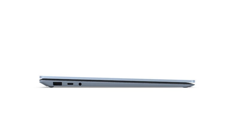 Der Surface Laptop 4 in Eisblau zusammengeklappt von der Seite
