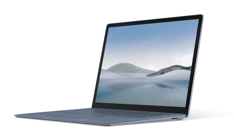Der Surface Laptop 4 in Eisblau ist aufgeklappt aus einer seitlichen Perspektive zu sehen