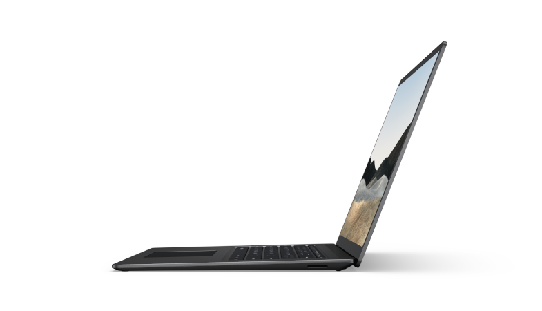 Der Surface Laptop 4 in Mattschwarz aufgeklappt in der Seitenansicht