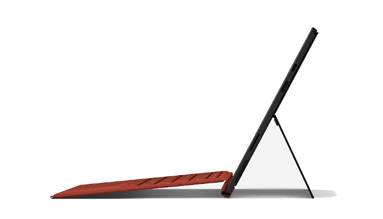 Une vue latérale de la Surface Pro 7 Plus avec le Signature Type Cover en rouge coquelicot
