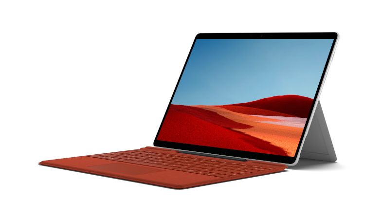 Das Surface Pro X in Platin in der Seitenansicht im Laptop-Modus mit Signature Keyboard in Mohnrot 