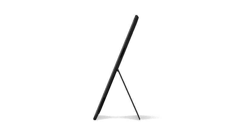 Das Surface Pro X im Tablet-Modus stehend in der Seitenansicht 