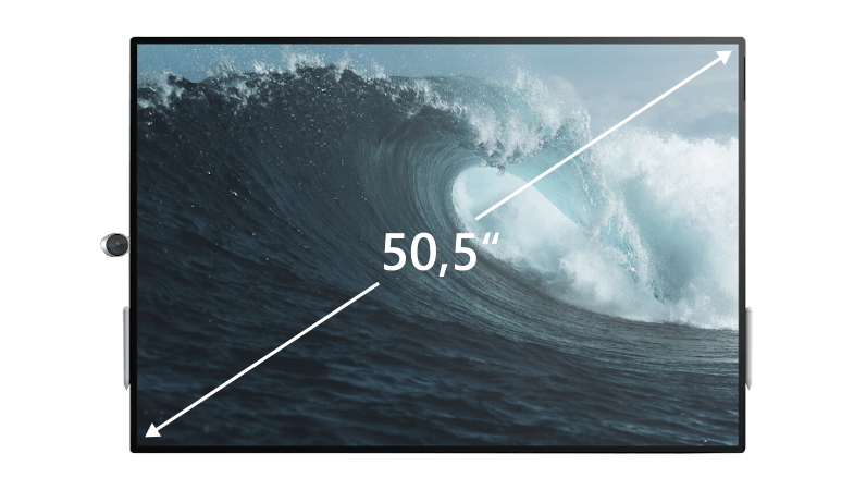 The vertically oriented Surface Hub 2 50-inch in front view with an arrow indicating the diagonal screen size