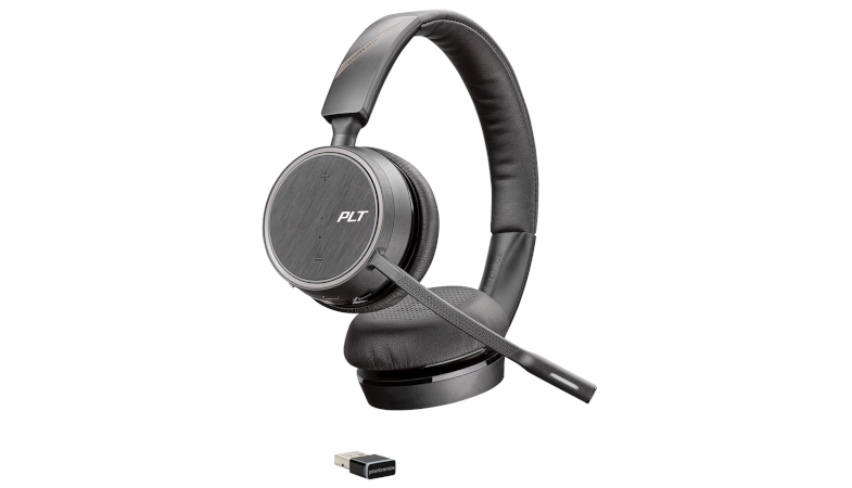 The Voyager 4220 UC USB-A headset from a side view with USB-A adapter