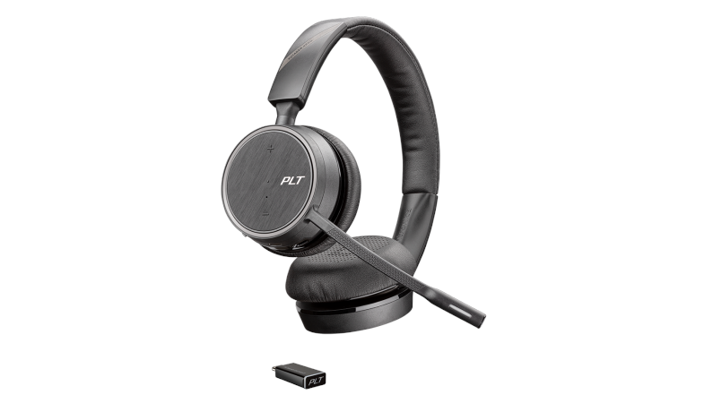 The Voyager 4220 UC USB-C headset from a side view with USB-C adapter