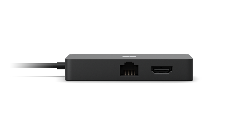 The different connections of the Microsoft Surface USB-C® Travel Hub on the back side