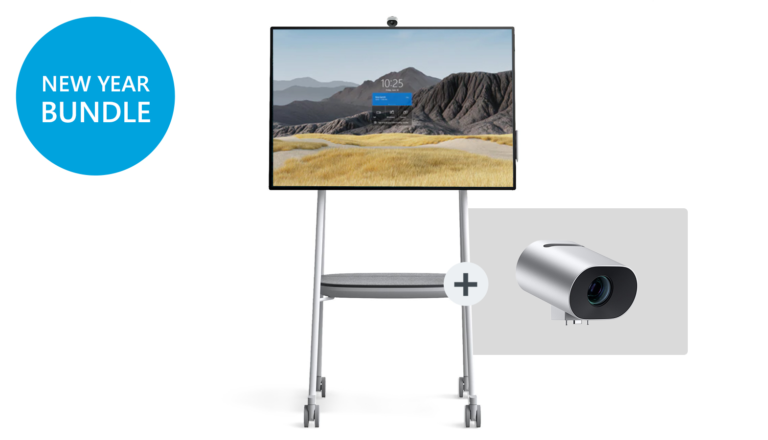 Surface Hub 2S mit Steelcase® Roam™ Rollständer für Surface Hub 2S 50,5" und Surface Hub Smart Camera sind vor einem weißen Hintergrund platziert.