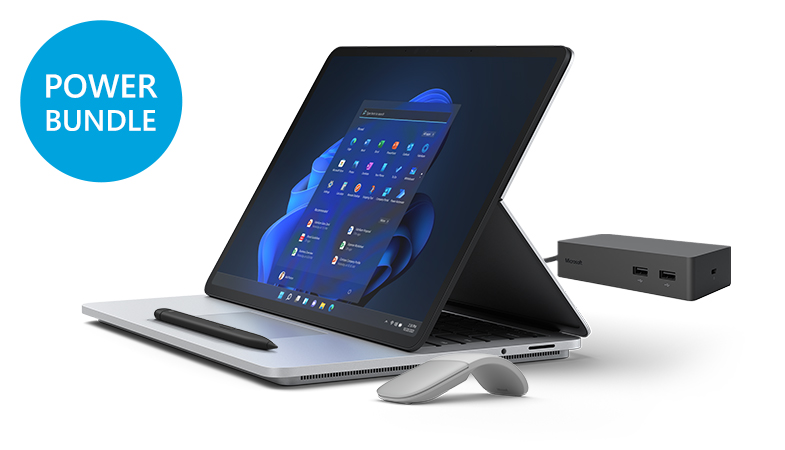 Surface Laptop Studio mit Surface Arc Mouse , Surface Dock 2 und Surface Slim Pen 2 sind vor einem weißen Hintergrund platziert.