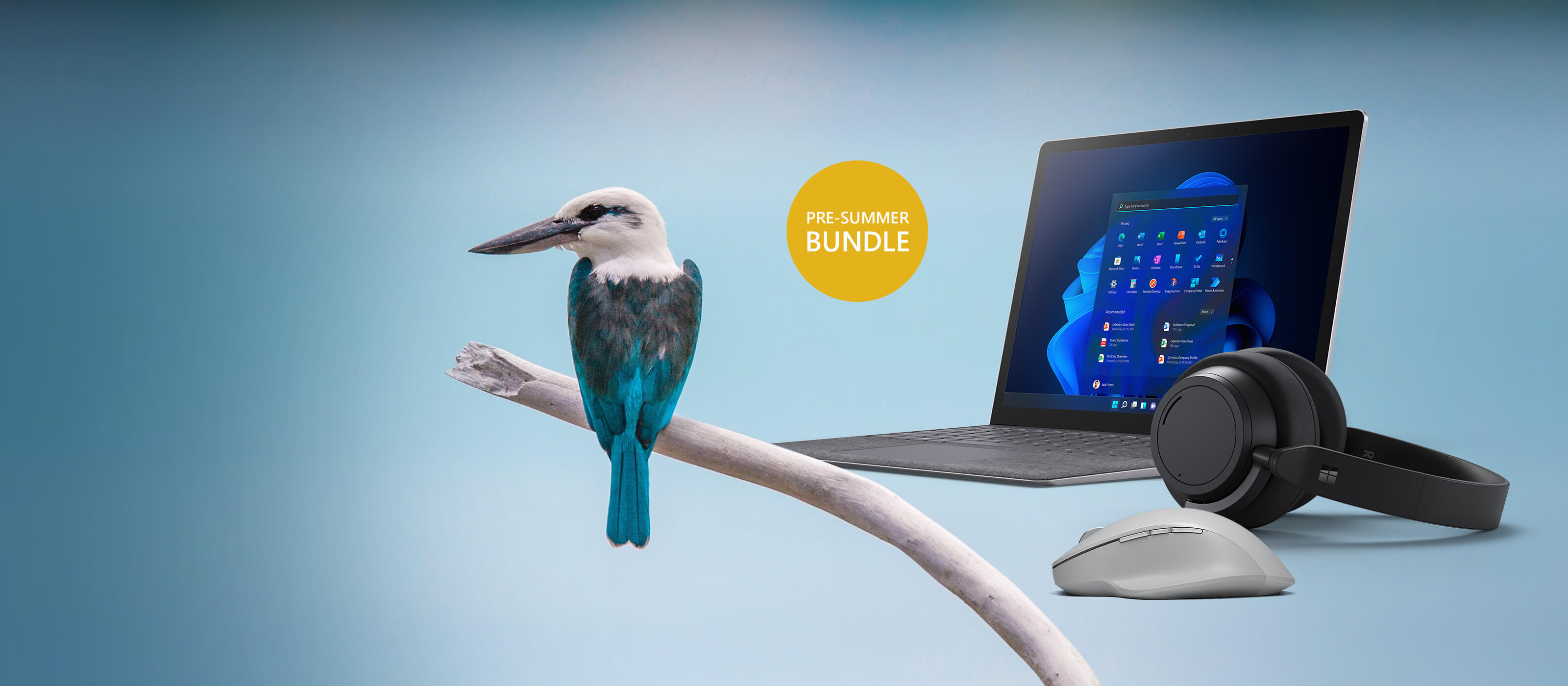 Le Surface Laptop 4 est placé à côté d'un oiseau sur un fond bleu