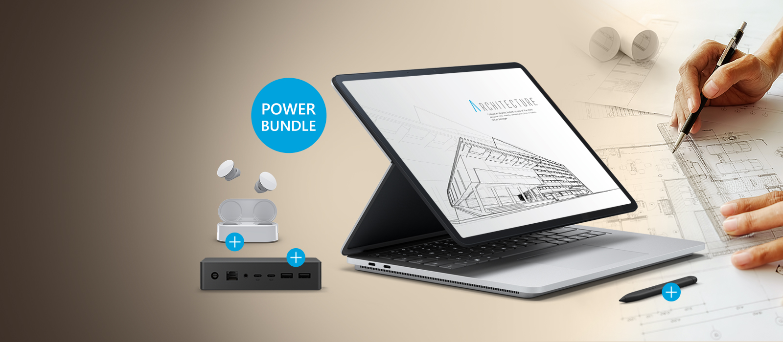 Das Surface Laptop Studio in Platin, Surface Slim Pen 2, Suface Dock 2 und Surface Earbuds sind vor einem Hintergrund mit Architekturskizzen platziert 