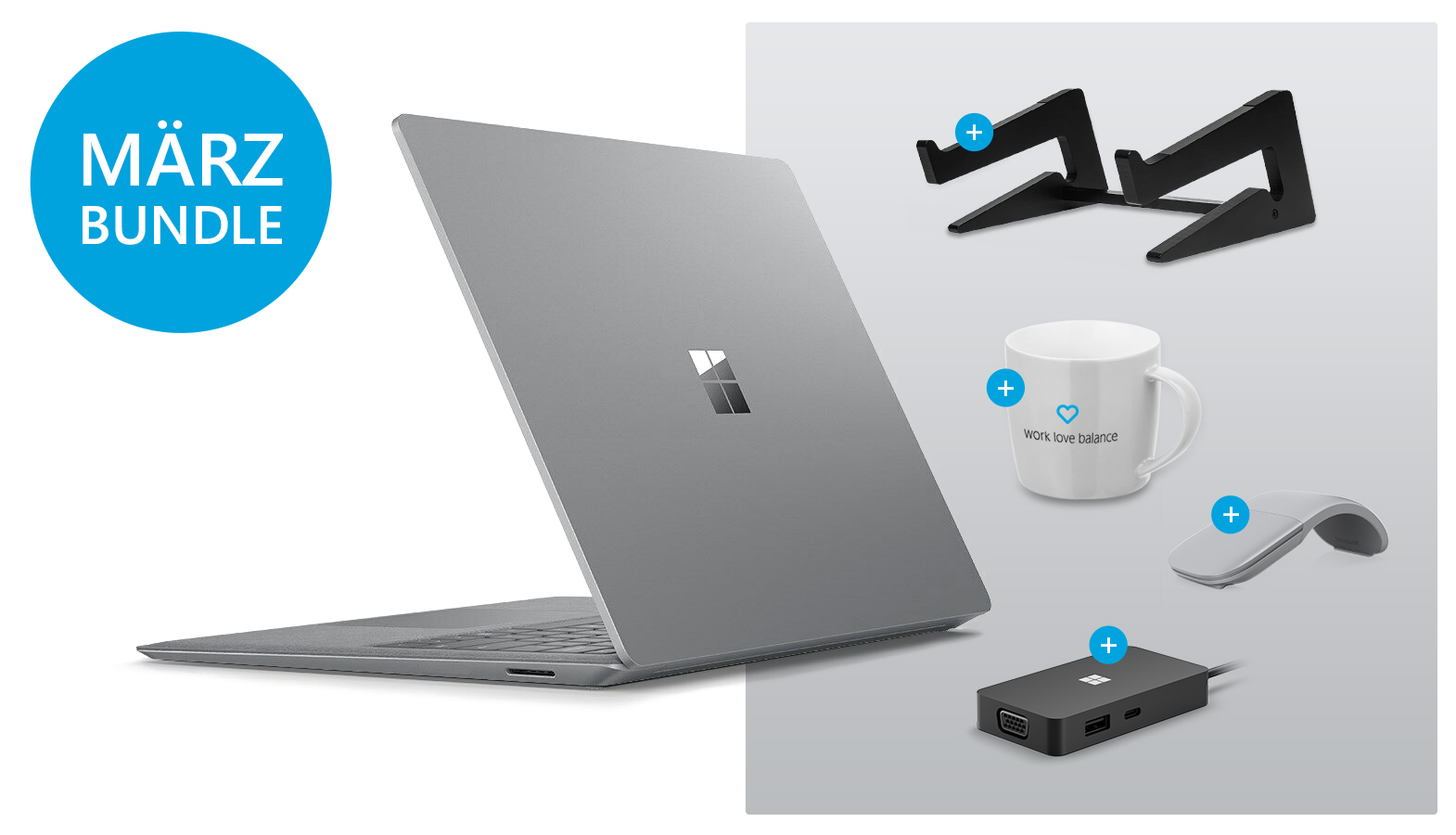Surface Laptop 4 mit Surface Arc Mouse, Microsoft Surface USB-C® Travel Hub, Surface.Love Tasse und einem Laptop Ständer sind vor einem weißen Hintergrund platziert