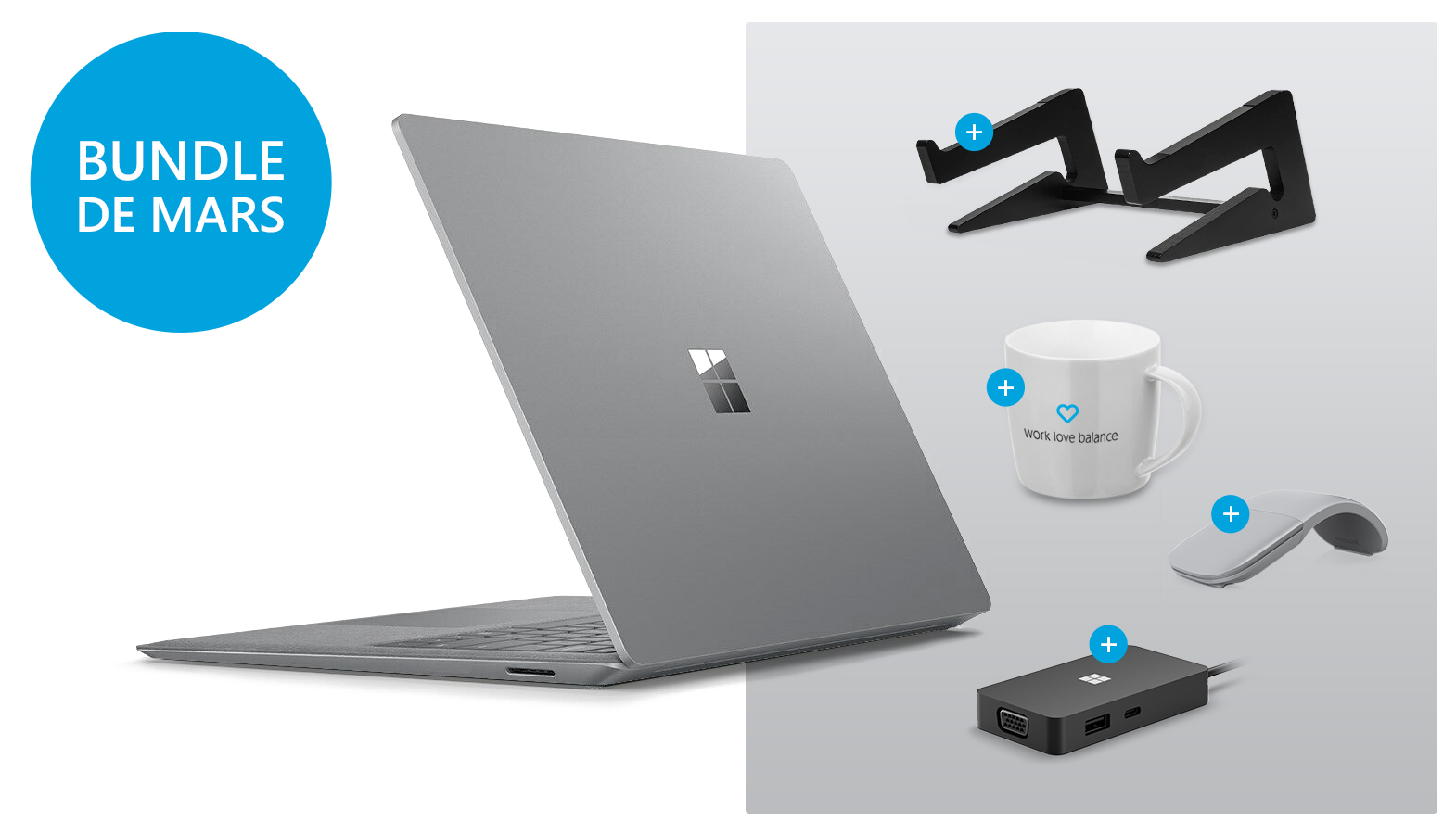 Surface Laptop 4 avec Surface Arc Mouse, Microsoft Surface USB-C® Travel Hub, mug Surface.Love et un support d'ordinateur portable sont placés sur un fond blanc