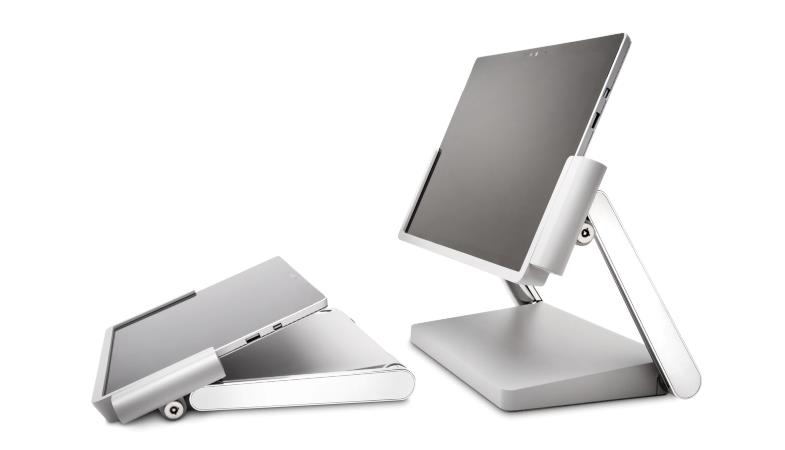 The Surface Pro in the Kensington SD7000 Surface Docking Station in two different tilted positions