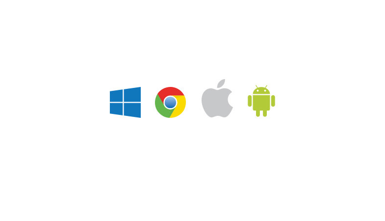 Die Icons der Firmen Windows, Google, Apple und Android in einer Reihe