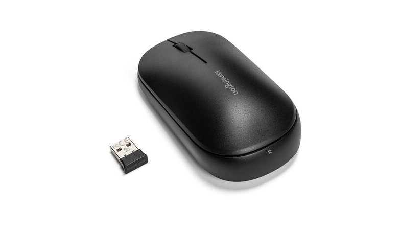 Kensington SureTrack Dual Wireless Mouse in black includig USB dongle from a bird`s eye view