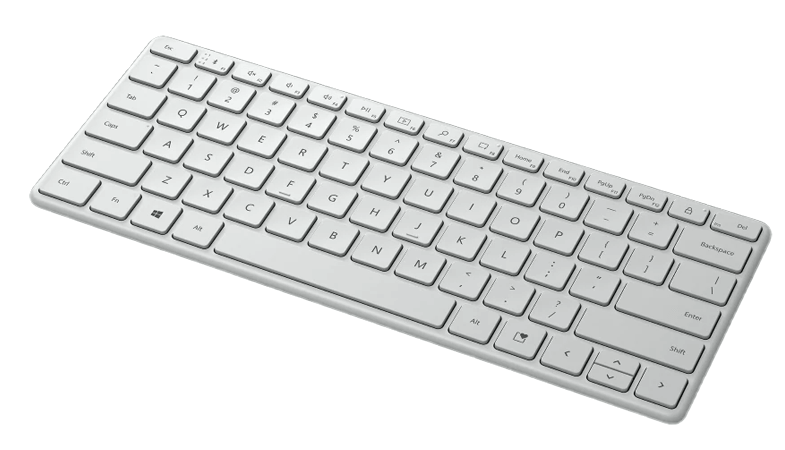 Das Microsoft Designer Compact Keyboard seitlich in Gletscher