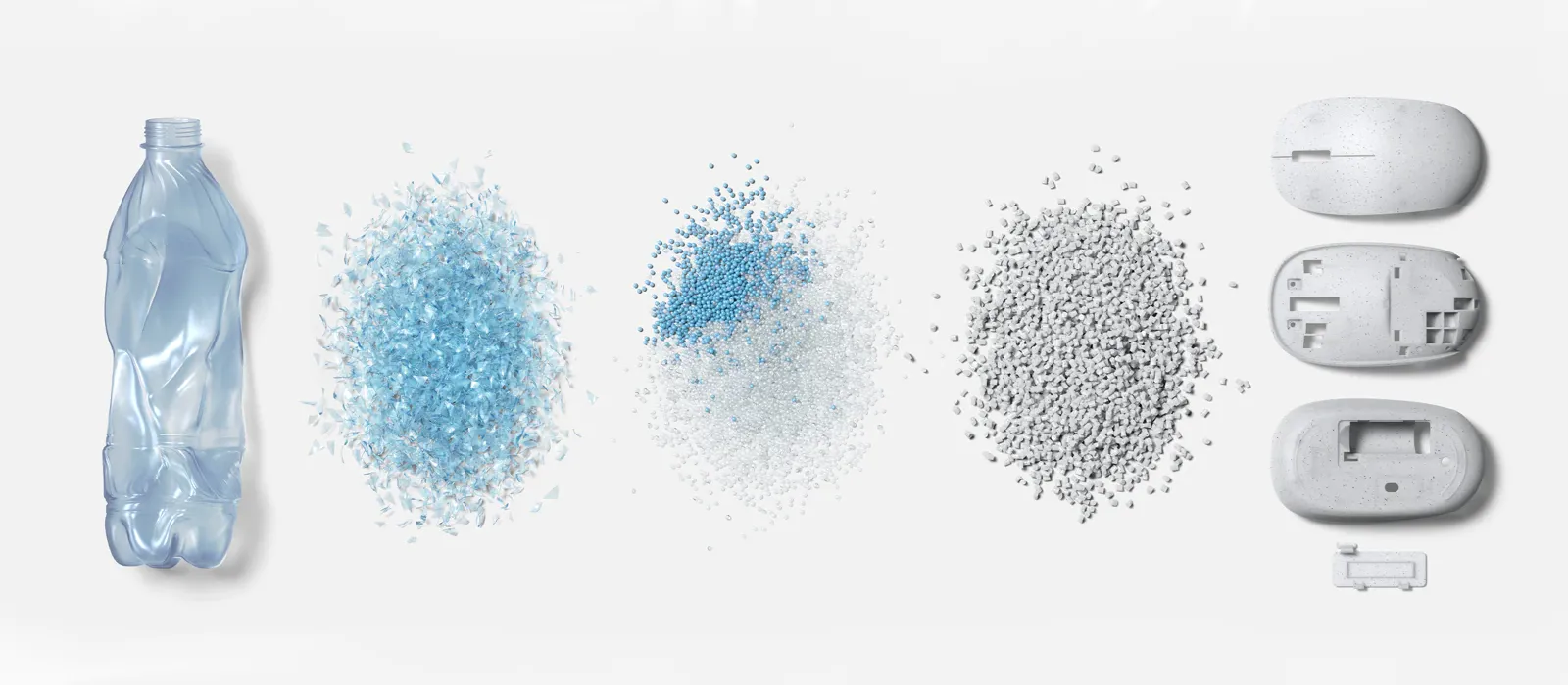 A visual representation with a plastic bottle illustrates the 20% recycled ocean plastic content in the Microsoft Ocean Platic Mouse