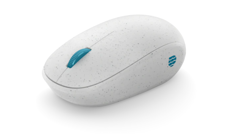 The Microsoft Ocean Plastic Mouse from a lateral perspective