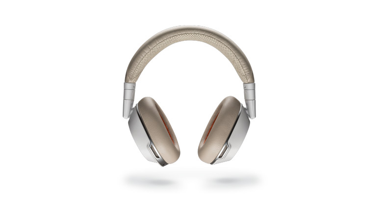 A general view of the Voyager Focus 8200 UC headset in white/beige