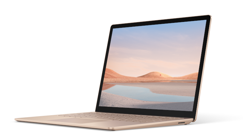 Der Surface Laptop 4 in Sandstein ist aufgeklappt aus einer seitlichen Perspektive zu sehen