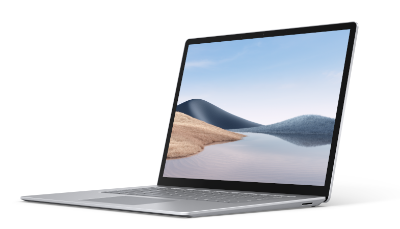 The Surface Laptop 4 in Platinum flipped open from a lateral perspective