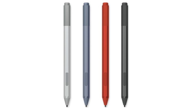 The Surface Pen in platinum, ice blue, poppy red and black