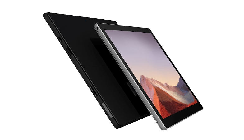 Zwei Surface Pro 7 Plus werden jeweils im Tablet-Modus, einmal in der Frontansicht und einmal in der Rueckansicht, dargestellt 