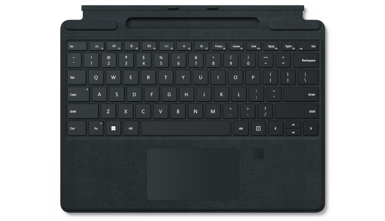 Une vue complète du clavier Signature pour Surface Pro avec lecteur d’empreintes digitales en noir