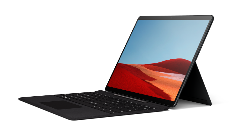 Das Surface Pro X in der Seitenansicht im Laptop-Modus mit Signature Keyboard in Schwarz