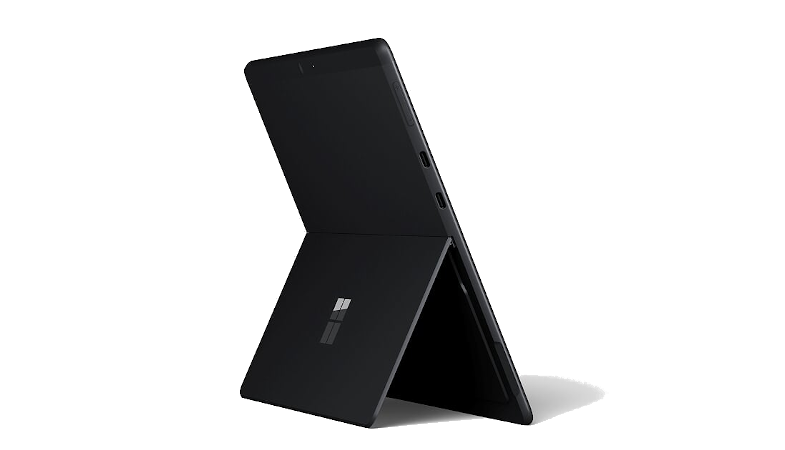 The Surface Pro X in back view standing in tablet mode