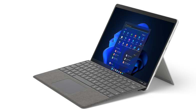 The Surface Pro 8 in platinum from a lateral perspective with Surface Pro Signature Keyboard
