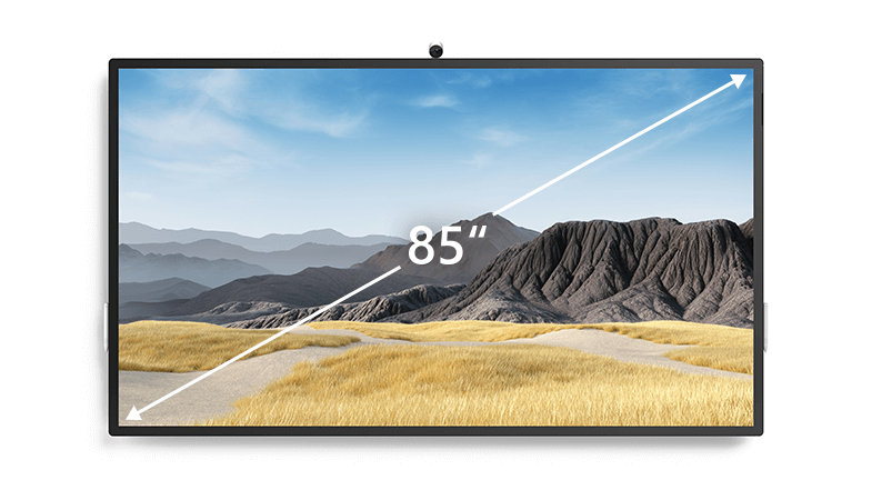 The vertically oriented Surface Hub 2 85-inch in front view with an arrow indicating the diagonal screen size