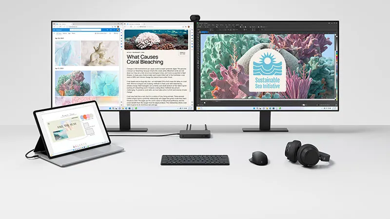 The Surface Thunderbolt 4 Dock connects a Microsoft Surface device to external displays