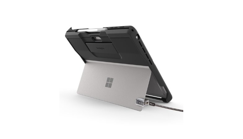 Kensington BlackBelt for Surface Pro with folded out kickstand and Kensington Lock 
