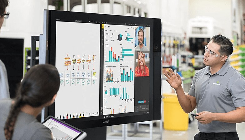  Eine Gruppe von Menschen arbeitet digital mit einem Surface Hub zusammen