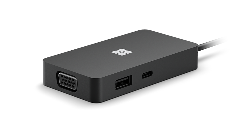 Die verschiedenen Anschlüsse des Microsoft Surface USB-C® Travel Hub auf der Vorderseite