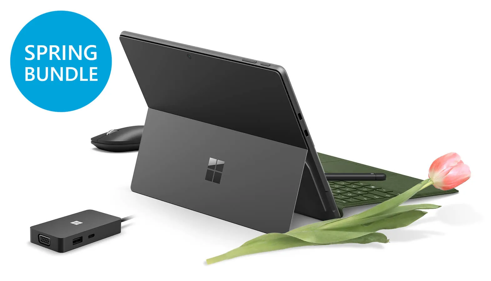 Surface Pro 9,  Surface Mobile Mouse, Surface Pro Signature Keyboard with Slim Pen 2 and Microsoft USB-C Travel Hub are placed in front of a white background.
