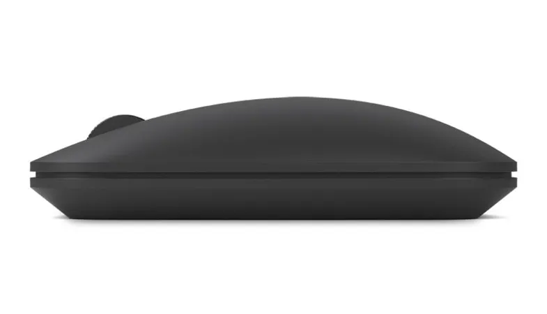 Die Designer Bluetooth Mouse in Schwarz aus seitlicher Perspektive 