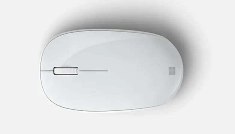 Microsoft Bluetooth Mouse top view glacier A top view of the Microsoft Bluetooth Mouse in glacier