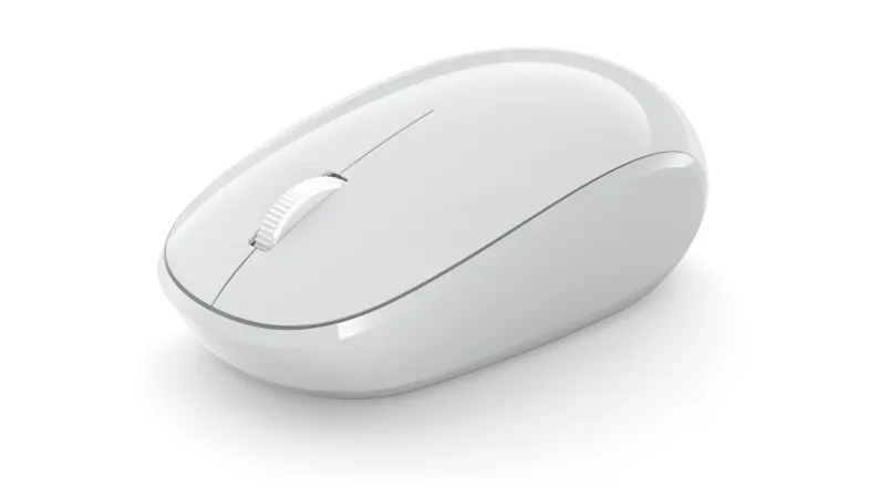 The Microsoft Bluetooth Mouse from tilted lateral perspective in glacier 