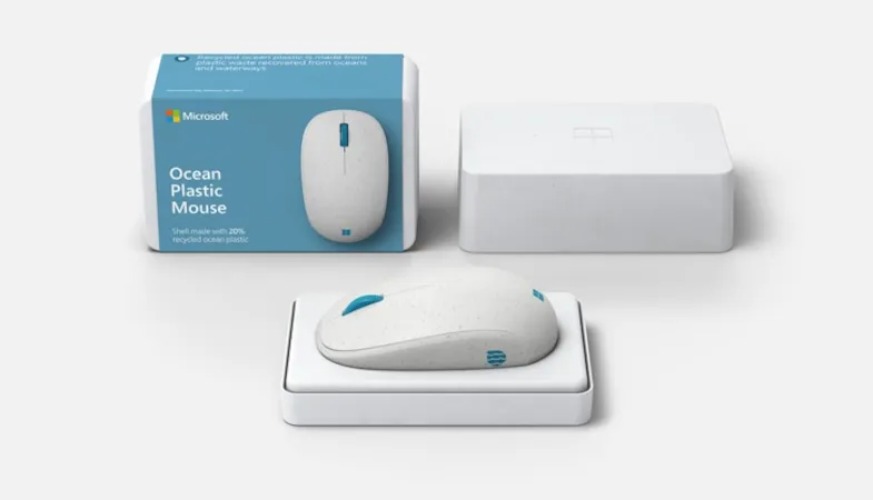 Microsoft Ocean Plastic Mouse recyclable packaging  A picture shows the Microsoft Ocean Plastic Mouse in its packaging