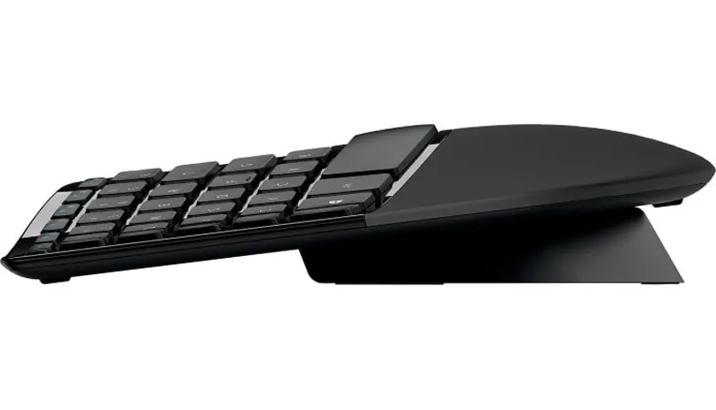 The Sculpt Ergonomic Desktop Keyboard from a lateral perspective