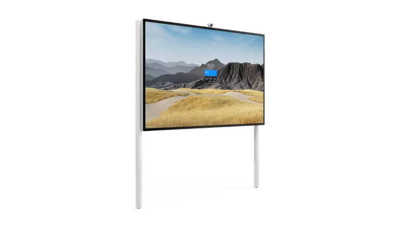 A lateral view of the Surface Hub 2S 85 inch with the Steelcase Roam™ Floor Supported Wall Mount