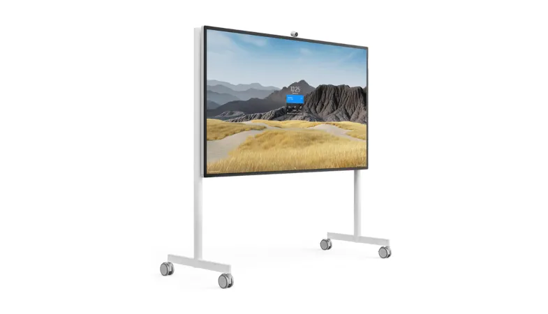 A lateral view of the Surface Hub 2S 85 inch with the Steelcase Roam™ Mobile Stand