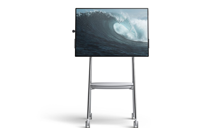 The Surface Hub 2 horizontally oriented on the Steelcase Roam Mobile Stand 