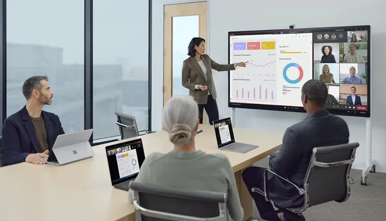 Surface Hub 2 Smart Camera can be used in many ways A meeting with diagram presentation via Microsoft Teams using the Surface Hub 2 Smart Camera