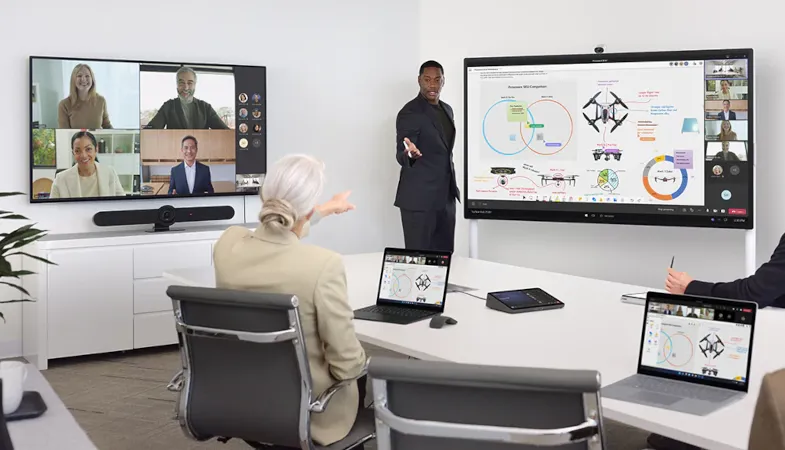 The Surface Hub 2 Smart Camera offers a high angle of coverage A presentation from multiple perspectives powered by the Surface Hub 2 Smart Camera